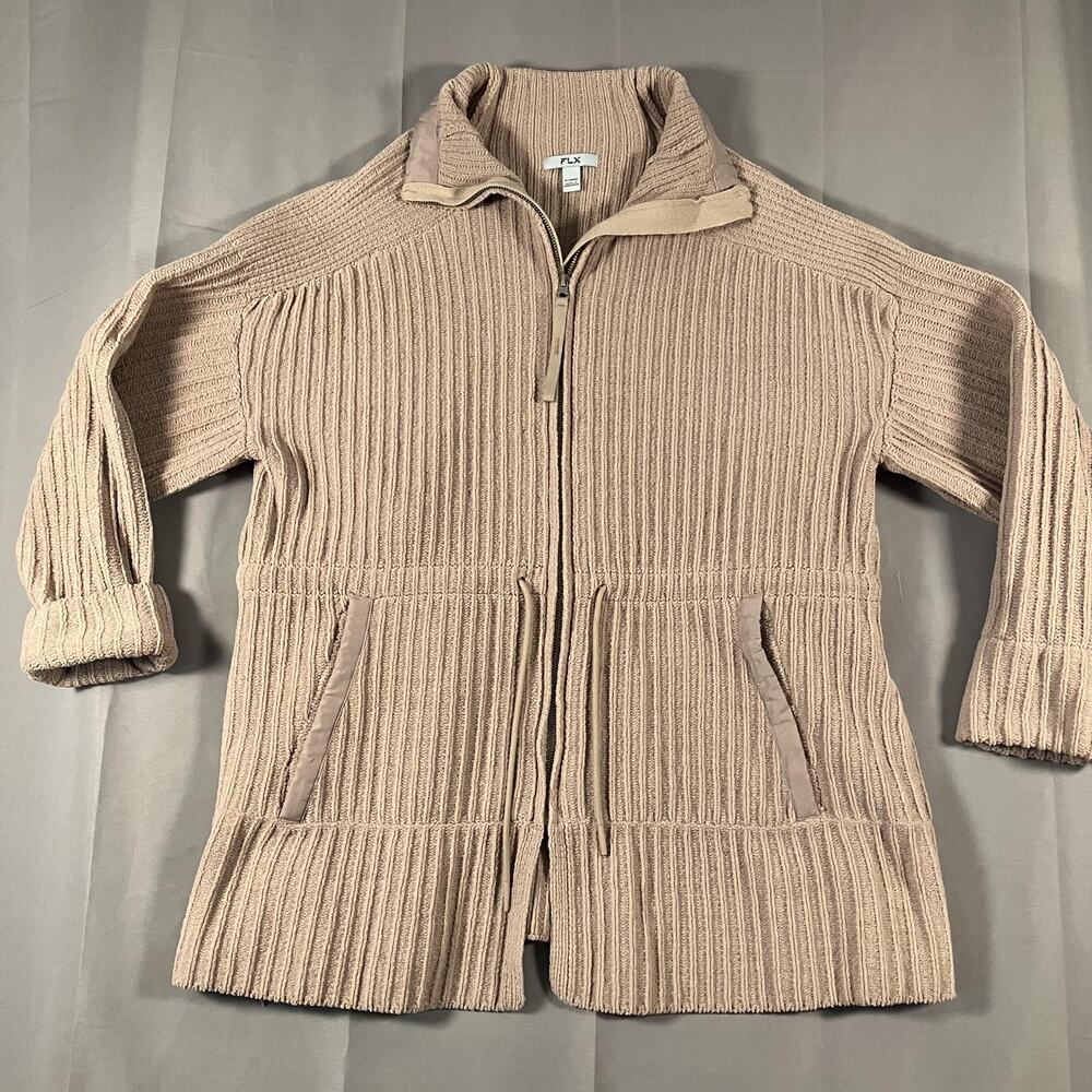 FLX Sweater Jacket Womens XL Tan Full Zip Ribbed Knit Polyester Drawstring